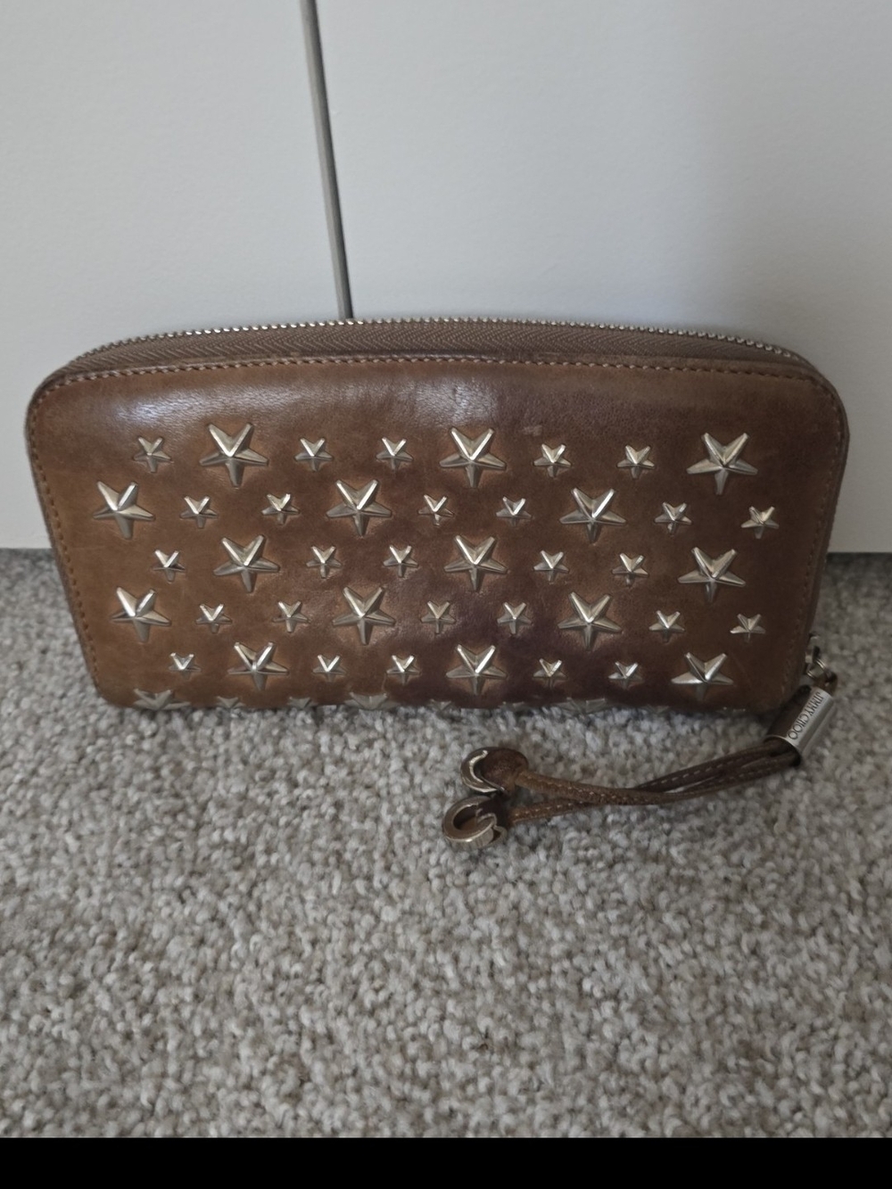 Jimmy Choo Brown Star-Studded Leather Wristlet Wallet